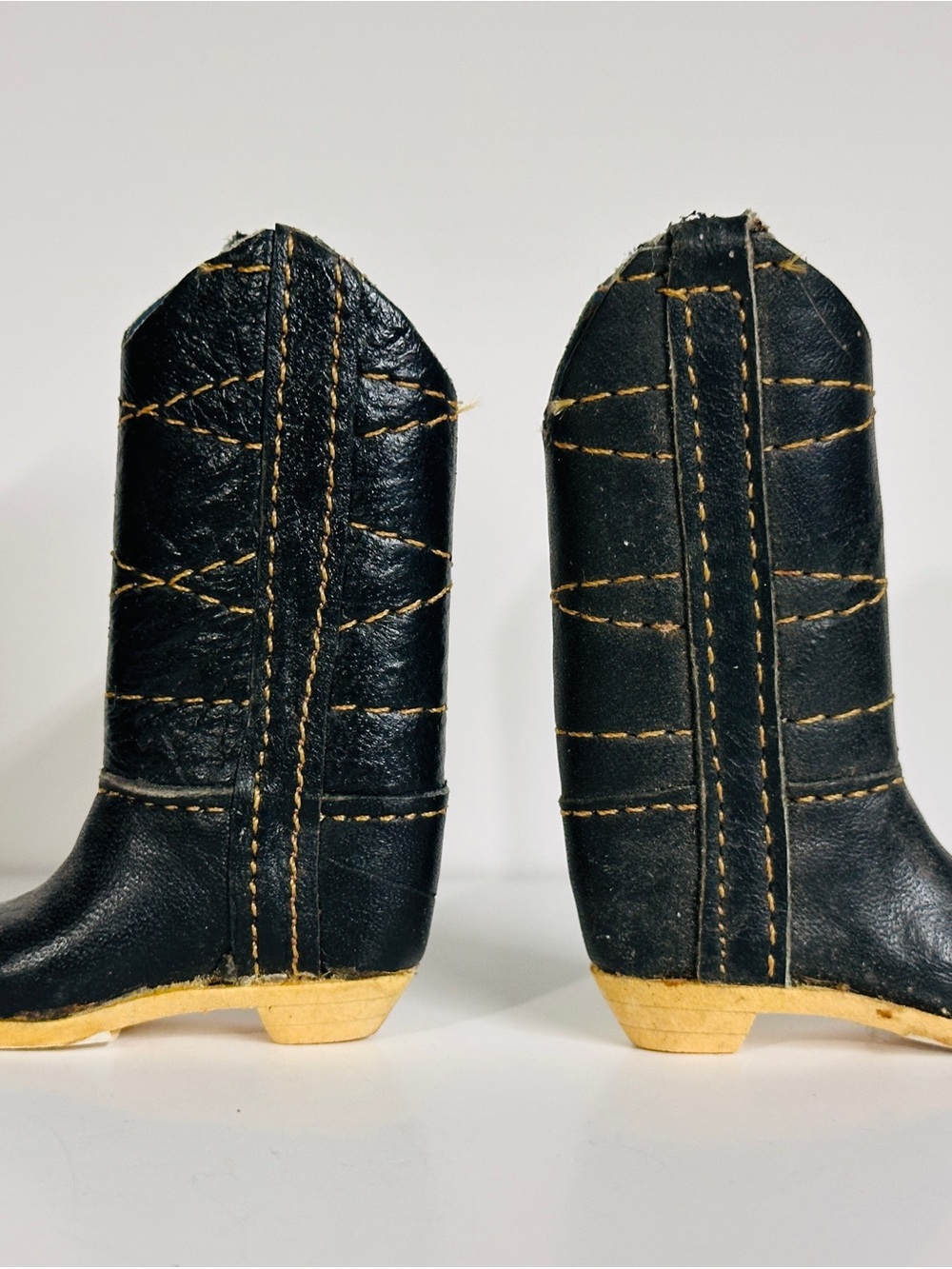 Black Leather Mini Cowboy Boots with Contrast Stitching